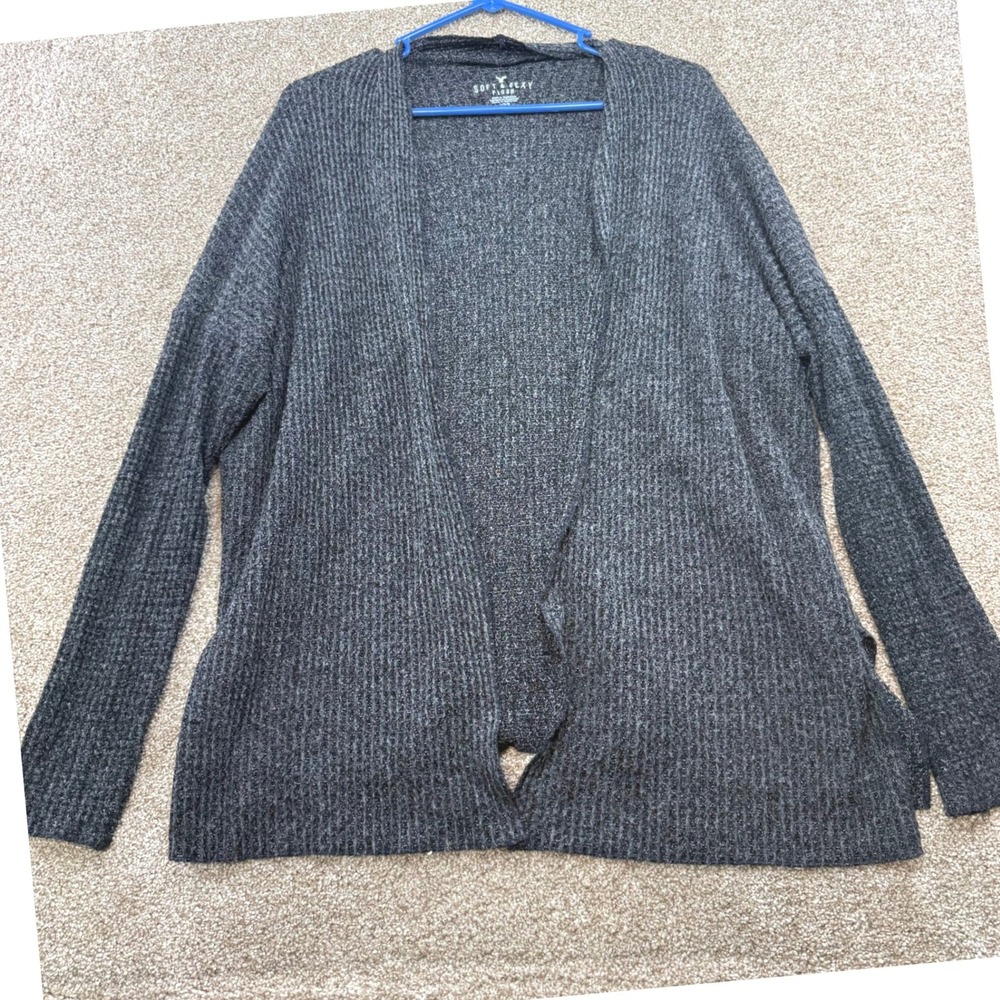 American Eagle Soft & Sexy Plush Open Front Cardigan Charcoal Gray Ribbed Large